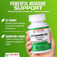 Load image into Gallery viewer, Doc Mila Vitamin B2 Riboflavin 400mg Capsules – Migraine Relief Supplement for Kids & Adults – Headache Support – Vegan Vitamin Tablets – 60 Pills (200mg per Capsule)