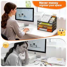 Load image into Gallery viewer, DocNest 4 Tier Metal Mesh Letter Tray - Space Saving Desk File Organizer with Handle, Pen Holder & Folder Holder - Desktop Document Sorter for Office, Home, School, Classroom - Black