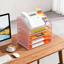 Load image into Gallery viewer, DocNest 5 Tier Metal Mesh Letter Tray - Space Saving Desk File Organizer with Handle, Pen Holder & Folder Holder - Desktop Document Sorter for Office, Home, School, Classroom - Pink