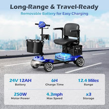 Load image into Gallery viewer, Foldable 4-Wheel Mobility Scooter for Adults – Portable Motorized Scooter with 330 lbs Capacity, Detachable Battery, Dual Baskets, Cup & Phone Holder, Blue
