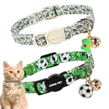 Load image into Gallery viewer, ARING PET 2 Pack Cat Collars with Bell, Cute Soft Cotton Kitten Kitty Breakaway Summer Cat Collars for Boy Girl Cats-Dinosaur & Green Soccer