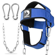 Load image into Gallery viewer, DMoose Fitness Neck Harness for Weight Lifting - Soft Padded Head & Chin Strap with 30" Heavy Duty Steel Chain - Neck Exerciser, Trainer & Strengthener to Support Injury Recovery (Blue)