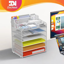 Load image into Gallery viewer, Docnest 6 Tier Mesh Desk Organizer for Paper Office Supplies – Multi-Functional Letter Tray with 5 Adjustable Compartments, 4 Pen Holders, Desktop Storage for Files, Mail, Stationery – White