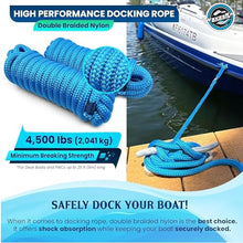 Load image into Gallery viewer, Premium Nylon Boat Dock Lines & Ropes for Docking 3/8'' x 15' | Double Braided Marine Rope & Mooring Line| Boat Ropes for Docking with Loop | UV & Saltwater Resistant Dock Ropes for Boats & Pontoons