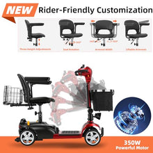 Load image into Gallery viewer, 45 Miles 4 Wheels Mobility Scooter for Seniors/Adults Up to 300LBS,350W Electric Wheelchair Detachable Lithium Battery,Dual Baskets,Rotating Seat,with Taillight, USB Charging, Red