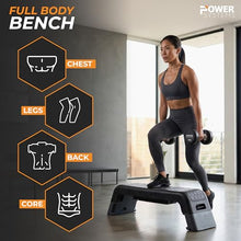 Load image into Gallery viewer, Power Systems Step Bench & Weight Bench | Aerobic Platform & Plyo Box for Cardio, Strength | Commercial Grade Full Body Home Gym Stepper | Adjustable Multifunctional Deck & Resistance Band Clips