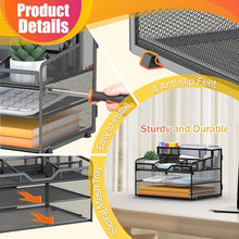 Load image into Gallery viewer, Docnest 3 Tier Mesh Desk Organizer for Paper Office Supplies – Multi-Functional Letter Tray with 5 Adjustable Compartments, 3 Pen Holders, Desktop Storage for Files, Mail, Stationery – Black