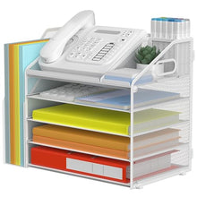 Load image into Gallery viewer, DocNest 5 Tier Paper Letter Tray File Organizer, Mesh Desk File with Handle, Workspace Desk Organizers with Pen Holder, Office Organization Storage Accessories - White