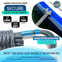 Load image into Gallery viewer, Premium Nylon Boat Dock Lines & Ropes for Docking & Pontoon | Double Braided Marine Rope | Boat Ropes for Docking with Loop | UV & Saltwater Resistant Dock Rope (Marine Gray, 5/8” x 25’)