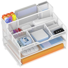 Load image into Gallery viewer, Docnest 3 Tier Mesh Desk Organizer for Paper Office Supplies – Multi-Functional Letter Tray with 5 Adjustable Compartments, 3 Pen Holders, Desktop Storage for Files, Mail, Stationery – White
