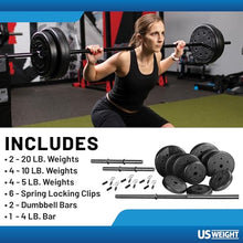 Load image into Gallery viewer, US Weight 105 Pound Barbell Weight Set , Adjustable with Two Dumbbell Bars and Full 6 Ft Bar, Black