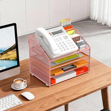Load image into Gallery viewer, DocNest 4 Tier Metal Mesh Letter Tray - Space Saving Desk File Organizer with Handle, Pen Holder & Folder Holder - Desktop Document Sorter for Office, Home, School, Classroom - Pink