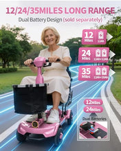 Load image into Gallery viewer, Ecomobi Light Weight Mobility Scooter for Seniors & Adults, 12–30 Mile Range, Foldable Airline Approved Portable 4 Wheel Motorized Scooter with Removable Lithium Battery, 300 lb Capacity, MS01F Pink