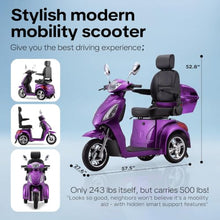 Load image into Gallery viewer, Super Large Electric 3 Wheel Mobility Scooters, Heavy Duty 800W Wheelchair Device, 25 Miles Long Range, All Terrain Mobility Scooter,Speed Adjust, Remote Key,Receive Ready to Ride (3 Wheel-Purple)