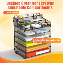 Load image into Gallery viewer, Docnest 6 Tier Mesh Desk Organizer for Paper Office Supplies – Multi-Functional Letter Tray with 5 Adjustable Compartments, 3 Pen Holders, Desktop Storage for Files, Mail, Stationery – Black