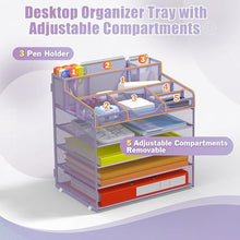 Load image into Gallery viewer, Docnest 5 Tier Mesh Desk Organizer for Paper Office Supplies – Multi-Functional Letter Tray with 5 Adjustable Compartments, 3 Pen Holders, Desktop Storage for Files, Mail, Stationery – Purple