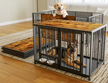 Load image into Gallery viewer, 43.3" Heavy Duty Large Dog Crate with Wheels & Feeding Bowls, 3 in 1 Foldable Extra Large Dog Kennel & Playpen, Indestructible Escape Proof Metal Dog Cage for Large Dogs, Indoor Outdoor, Rustic Brown