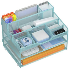 Load image into Gallery viewer, Docnest 3 Tier Mesh Desk Organizer for Paper Office Supplies – Multi-Functional Letter Tray with 5 Adjustable Compartments, 3 Pen Holders, Desktop Storage for Files, Mail, Stationery – Blue