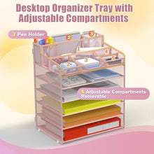 Load image into Gallery viewer, Docnest 6 Tier Mesh Desk Organizer for Paper Office Supplies – Multi-Functional Letter Tray with 5 Adjustable Compartments, 9 Pen Holders, Desktop Storage for Files, Mail, Stationery – Pink