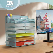 Load image into Gallery viewer, Docnest 6 Tier Mesh Desk Organizer for Paper Office Supplies – Multi-Functional Letter Tray with 5 Adjustable Compartments, 7 Pen Holders, Desktop Storage for Files, Mail, Stationery – Blue
