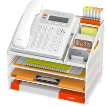 Load image into Gallery viewer, DocNest 4 Tier Metal Mesh Letter Tray - Space Saving Desk File Organizer with Handle, Pen Holder & Folder Holder - Desktop Document Sorter for Office, Home, School, Classroom - White