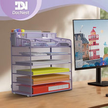 Load image into Gallery viewer, Docnest 6 Tier Mesh Desk Organizer for Paper Office Supplies – Multi-Functional Letter Tray with 5 Adjustable Compartments, 5 Pen Holders, Desktop Storage for Files, Mail, Stationery – Purple