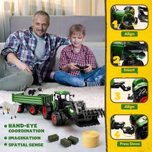 Load image into Gallery viewer, Uarzt Remote Control Tractor Toy with Trailer | Metal Front & Front Loader Farm Vehicle Set with Lights & 8-Wheel Design