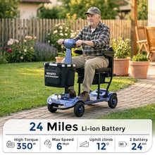 Load image into Gallery viewer, MIHAYO 4 Wheel Mobility Scooter for Seniors&Adults- 24 Miles Range, Foldable Powered Electric Wheelchair Device w/Dual 288WH Batteries, 112 L Basket, 280 lb Capacity, Compact, Blue
