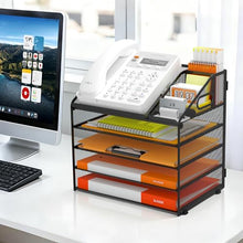 Load image into Gallery viewer, DocNest 5 Tier Metal Mesh Letter Tray - Space Saving Desk File Organizer with Handle, Pen Holder & Folder Holder - Desktop Document Sorter for Office, Home, School, Classroom - Black