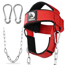 Load image into Gallery viewer, DMoose Fitness Neck Harness for Weight Lifting - Soft Padded Head & Chin Strap with 30" Heavy Duty Steel Chain - Neck Exerciser, Trainer & Strengthener to Support Injury Recovery (Red)