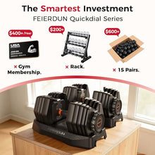 Load image into Gallery viewer, FEIERDUN DB1 QuickDial Adjustable Dumbbell Set, 15-in-1 5-52.5 Lbs Each with Storage Box & App, 1-Second Quick Change for Drop Set, Superset & HIIT Home Gym, Non-Slip Handles, 3-year Aftersale Service