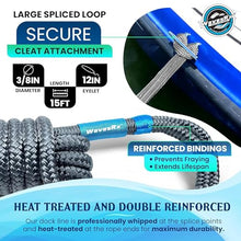 Load image into Gallery viewer, Premium Nylon Boat Dock Lines & Ropes for Docking 3/8'' x 15' | Double Braided Marine Rope & Mooring Line| Boat Ropes for Docking with Loop | UV & Saltwater Resistant Dock Ropes for Boats & Pontoons