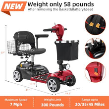 Load image into Gallery viewer, 20 Miles 4 Wheels Mobility Scooter for Seniors/Adults Up to 300LBS,350W Electric Wheelchair Detachable Lithium Battery,Dual Baskets,Rotating Seat,with Taillight, USB Charging, Red 18AH
