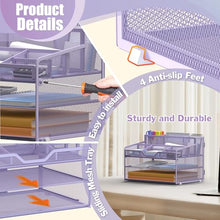 Load image into Gallery viewer, Docnest 3 Tier Mesh Desk Organizer for Paper Office Supplies – Multi-Functional Letter Tray with 5 Adjustable Compartments, 3 Pen Holders, Desktop Storage for Files, Mail, Stationery – Purple