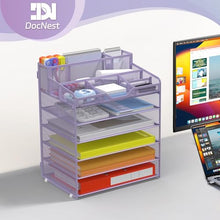 Load image into Gallery viewer, Docnest 6 Tier Mesh Desk Organizer for Paper Office Supplies – Multi-Functional Letter Tray with 5 Adjustable Compartments, 5 Pen Holders, Desktop Storage for Files, Mail, Stationery – Purple