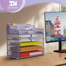 Load image into Gallery viewer, Docnest 5 Tier Mesh Desk Organizer for Paper Office Supplies – Multi-Functional Letter Tray with 5 Adjustable Compartments, 3 Pen Holders, Desktop Storage for Files, Mail, Stationery – Purple