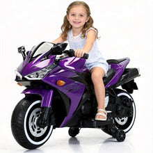 Load image into Gallery viewer, 12V Kids Electric Motorcycle, on Car LED Lights, Music Player & Horn with Training Wheels