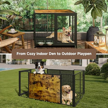 Load image into Gallery viewer, Heavy Duty Dog Crate for Small Dogs, 3 in 1 32.7" Foldable Collapsible Dog Kennel & Playpen with Lockable Wheels & Feeding Bowls, Escape-Proof Metal Dog Cage for Indoor Outdoor Use, Rustic Brown