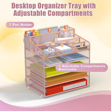 Load image into Gallery viewer, Docnest 5 Tier Mesh Desk Organizer for Paper Office Supplies – Multi-Functional Letter Tray with 5 Adjustable Compartments, 3 Pen Holders, Desktop Storage for Files, Mail, Stationery – Pink