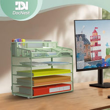 Load image into Gallery viewer, Docnest 5 Tier Mesh Desk Organizer for Paper Office Supplies – Multi-Functional Letter Tray with 5 Adjustable Compartments, 3 Pen Holders, Desktop Storage for Files, Mail, Stationery – Green