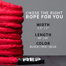 Load image into Gallery viewer, REP Battle Ropes - PolyDacron Battle Rope for Strength and Conditioning Workouts – 1.5" and 2" Diameter, 30ft, 40ft, 50ft Lengths with Optional Cover Sleeve (Red with Sleeve, 2.0 x 50 ft)