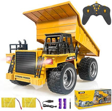 Load image into Gallery viewer, kkny Remote Control Construction Dump Truck Toy 2.4G RC 6 Channel Bulldozer 4 Wheel Driver Mine Construction Alloy Metal Vehicle Truck 1:18 with 2 Rechargeable Batteries for Boys Birthday Gift Age 6+