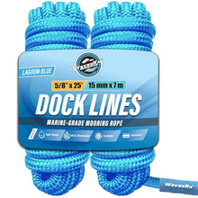 Load image into Gallery viewer, Premium Nylon Boat Dock Lines & Ropes for Docking 5/8'' x 25' | Double Braided Marine Rope & Mooring Line| Boat Ropes for Docking with Loop | UV & Saltwater Resistant Dock Ropes for Boats & Pontoons