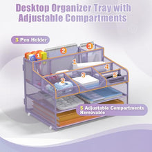 Load image into Gallery viewer, Docnest 3 Tier Mesh Desk Organizer for Paper Office Supplies – Multi-Functional Letter Tray with 5 Adjustable Compartments, 3 Pen Holders, Desktop Storage for Files, Mail, Stationery – Purple