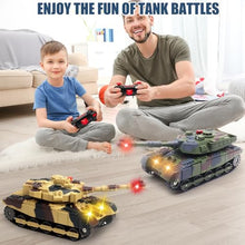 Load image into Gallery viewer, RC Tank That Infrared Shoots - 2.4Ghz Remote Control Battle Army Tank Toys with 360°Rotating Turret Auto Demo Sound Effects Lights