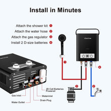 Load image into Gallery viewer, Propane Tankless Water Heater, 5L 1.32 GPM Outdoor Portable Gas Instant Hot Water Heater with Digital Display Overheating Protection, for Camping Barn Cabin RV Black