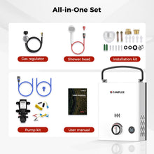 Load image into Gallery viewer, CAMPLUX F5 Pro Portable Propane Water Heater 1.32 GPM with Pump & Hose Kit