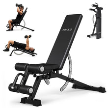 Load image into Gallery viewer, Mikolo 1200LB Weight Bench, Adjustable Workout Bench with Detachable Leg Support, Vertical Storage Space-Saving Exercise Bench for Home Gym, Incline Flat Decline Sit Up Bench for Full Body Fitness