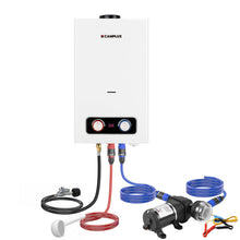 Load image into Gallery viewer, CAMPLUX Portable Propane Water Heater 2.64 GPM, Camping Water Heater with 3.3 GPM Water Pump Kit & Pipe Strainer, 68,000 BTU, BD264P120