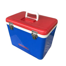 Load image into Gallery viewer, Engel UC19-RWB 19 Quart Fishing Live Bait Dry Box Ice Cooler with Stain/Odor-Resistant Surface and Shoulder Strap, Red/Blue